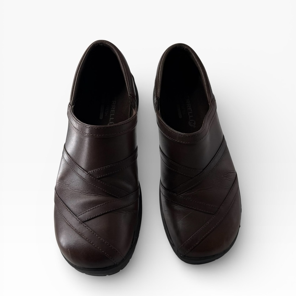 Merrell Leather Brown Slip-On Clogs Closed Toe Boho Nursing Teacher Artist Shoes